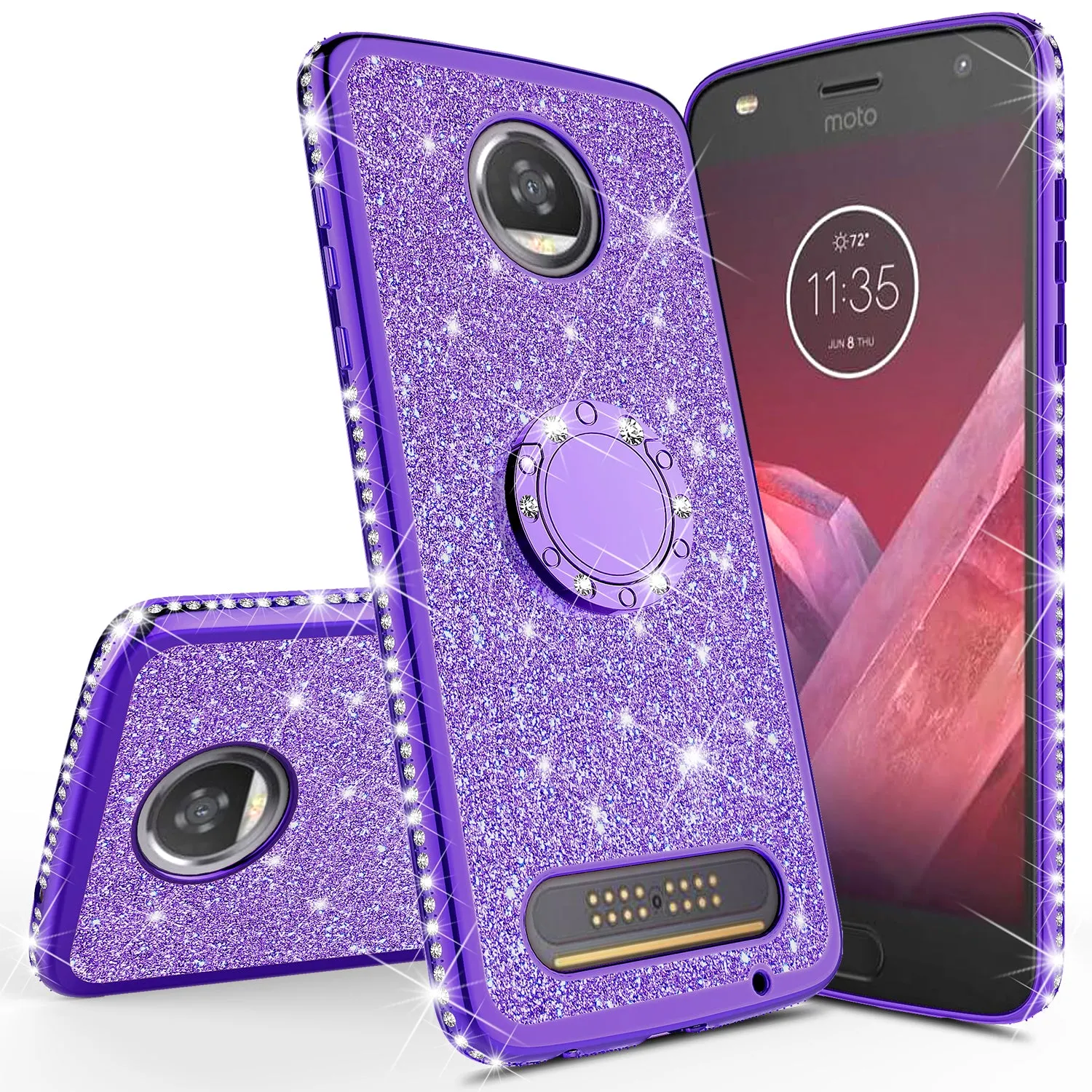 Motorola Moto Z2 Play Case, Glitter Cute Phone Case Girls with Kickstand,Bling Diamond Rhinestone Bumper Ring Stand Sparkly Luxury Clear Thin Soft Protective Motorola Moto Z2 Play Case for Girl Women - Purple