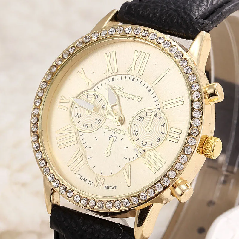 New Women's Casual fashion Wristwatch Luxury rhinestone pu leather Quartz watches Ladies Watch Sets dress Watches relojes mujer