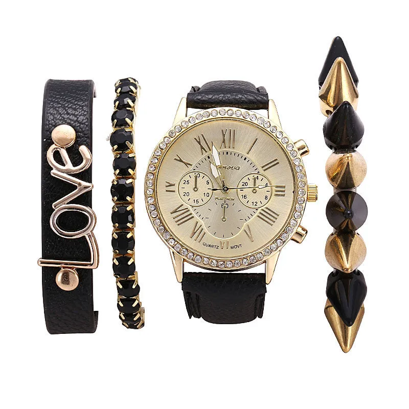 New Women's Casual fashion Wristwatch Luxury rhinestone pu leather Quartz watches Ladies Watch Sets dress Watches relojes mujer