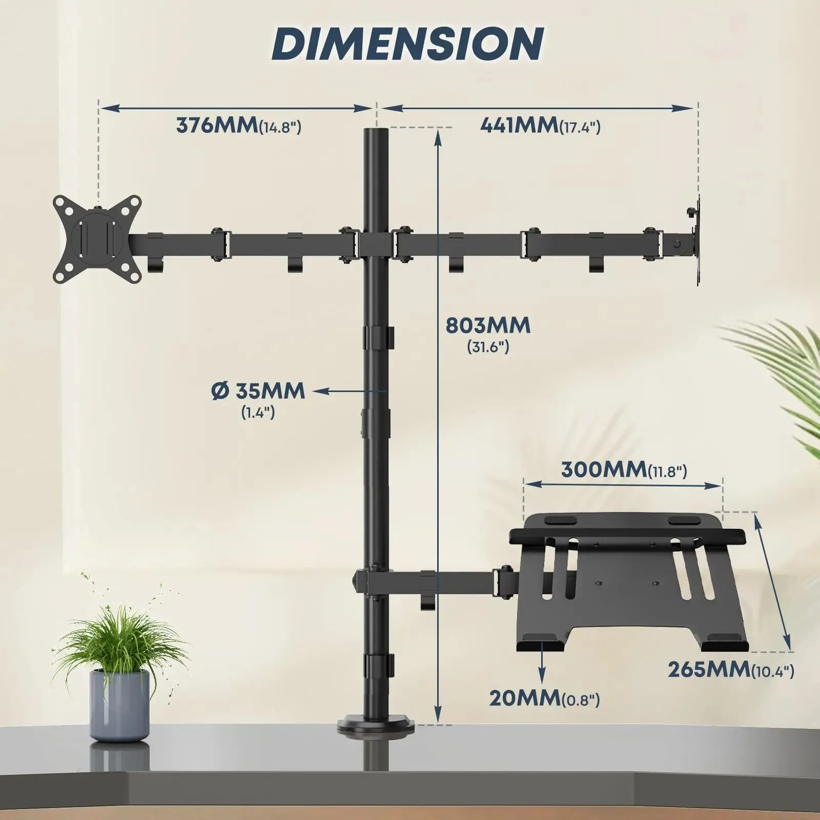 PUTORSEN  Dual Monitor Stand and Laptop Mount Fit Two 17 to 32 Inch Monitor and 10 to 15 Inch Laptop,Extra Tall Adjustable Stand,19.8 lbs Weight Capacity per Arm,Black