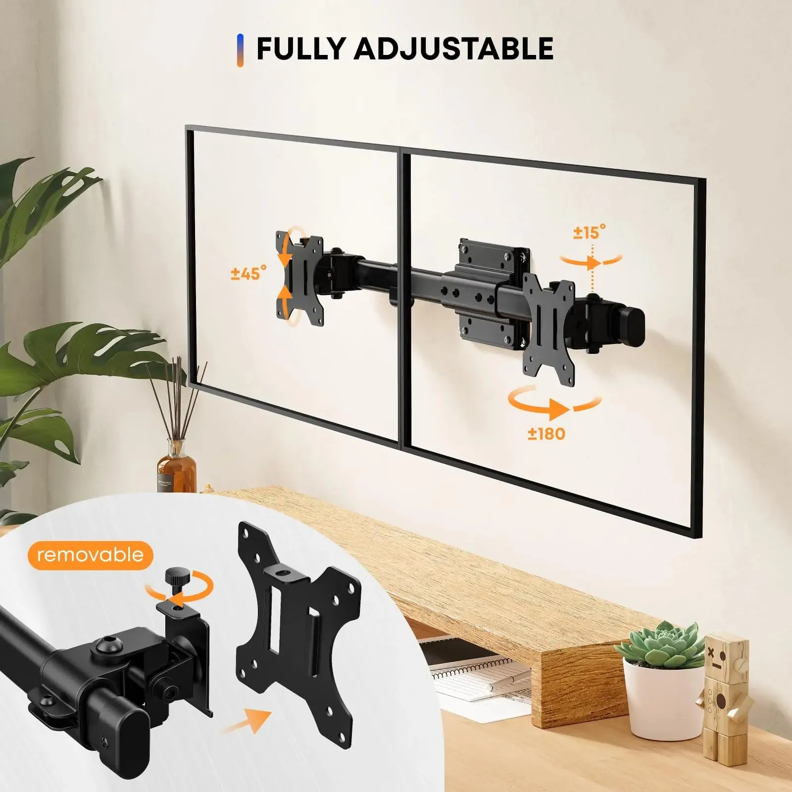 PUTORSEN Dual Monitor Wall Mount, Horizontal Assembly Mount for 2 Monitor Screens up to 27 inches,Max. 10kg, VESA 75x75/100x100mm