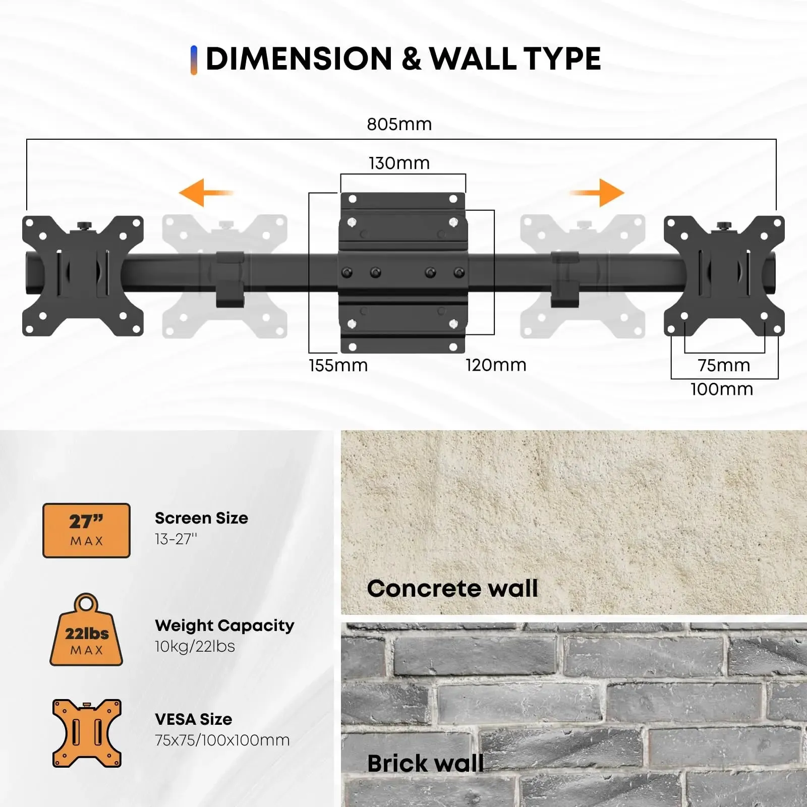 PUTORSEN Dual Monitor Wall Mount, Horizontal Assembly Mount for 2 Monitor Screens up to 27 inches,Max. 10kg, VESA 75x75/100x100mm