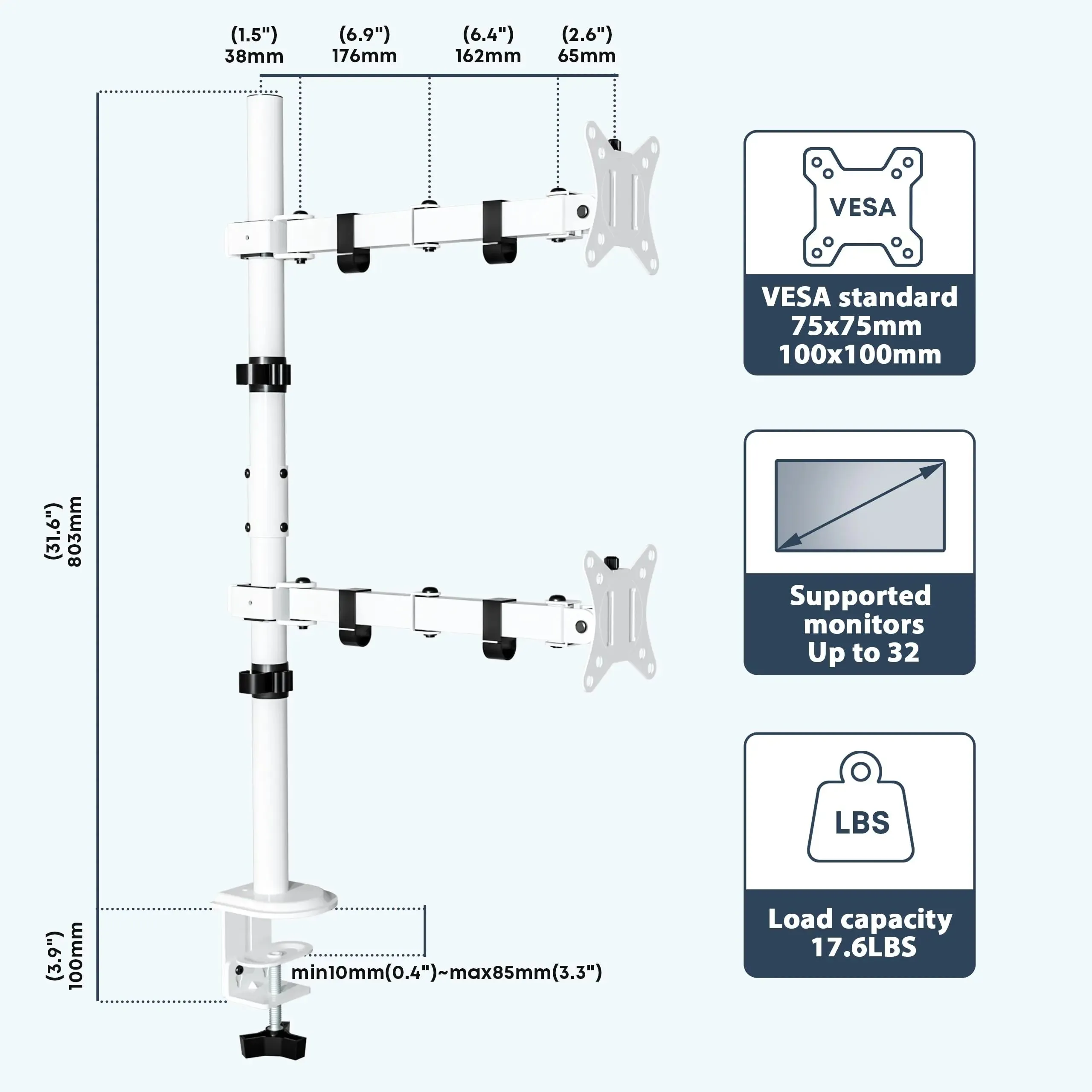 PUTORSEN Monitor mount 2 monitors Vertical (80cm pole) pole height-adjustable for 17"-32" inch screens