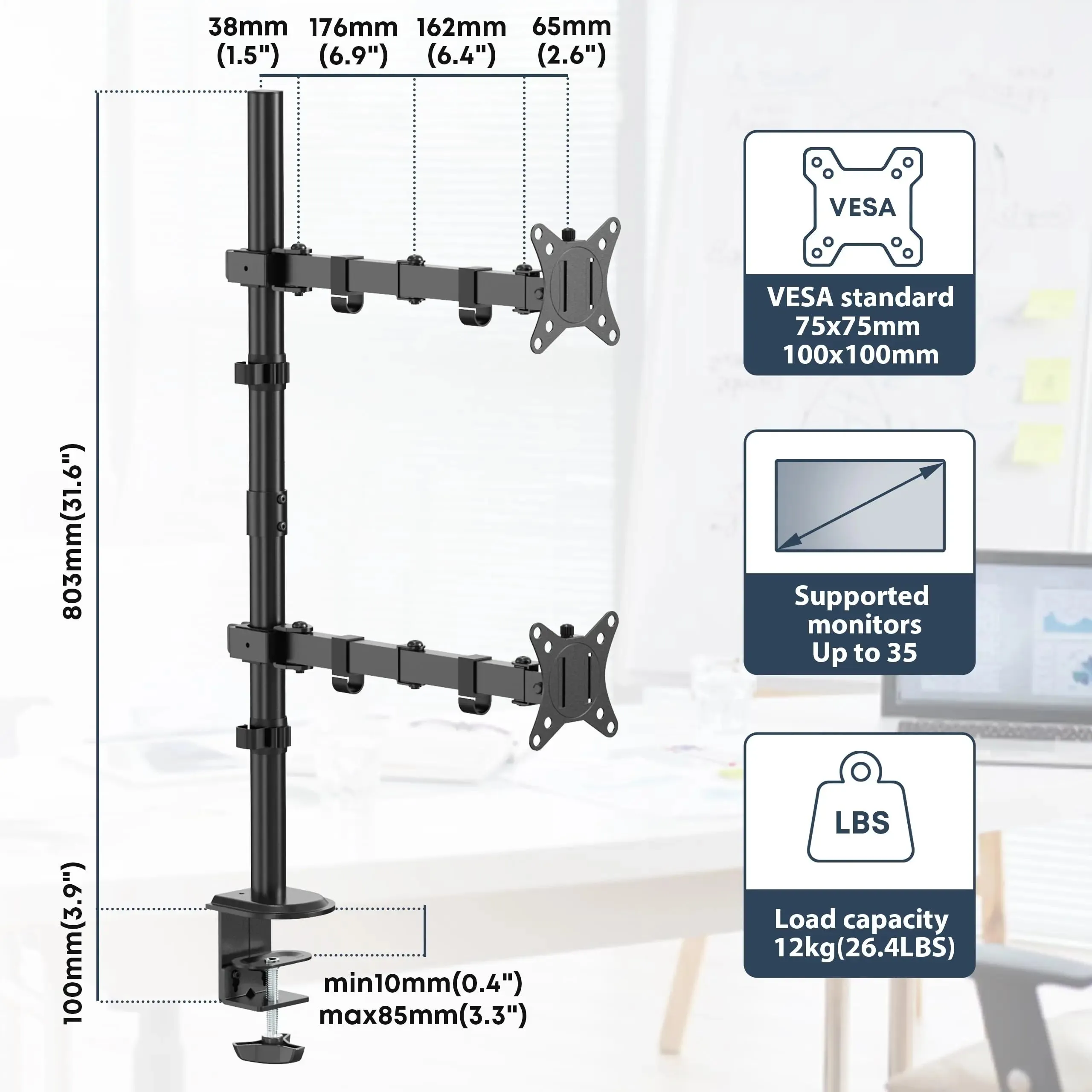 PUTORSEN Vertical Dual Monitor Arm Desktop Stand for 17-inch to 35-inch Screens 12KG