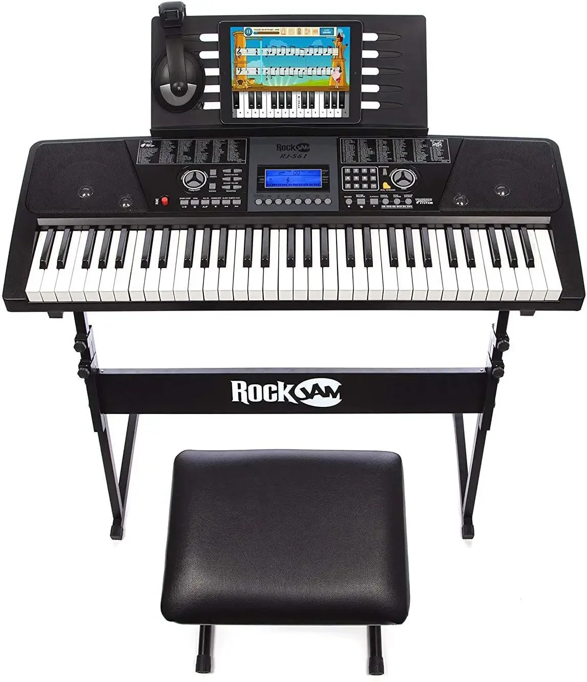 RockJam 61 Key Keyboard Piano With LCD Display Kit, Stand, Bench, Headphones, Simply App & Keynote Stickers