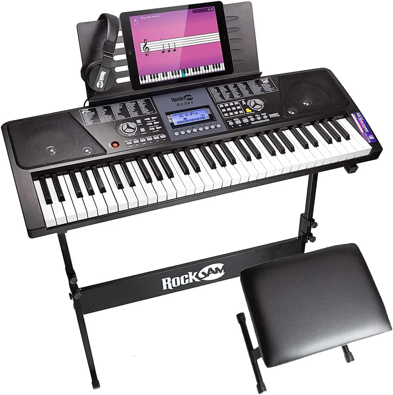 RockJam 61 Key Keyboard Piano With LCD Display Kit, Stand, Bench, Headphones, Simply App & Keynote Stickers