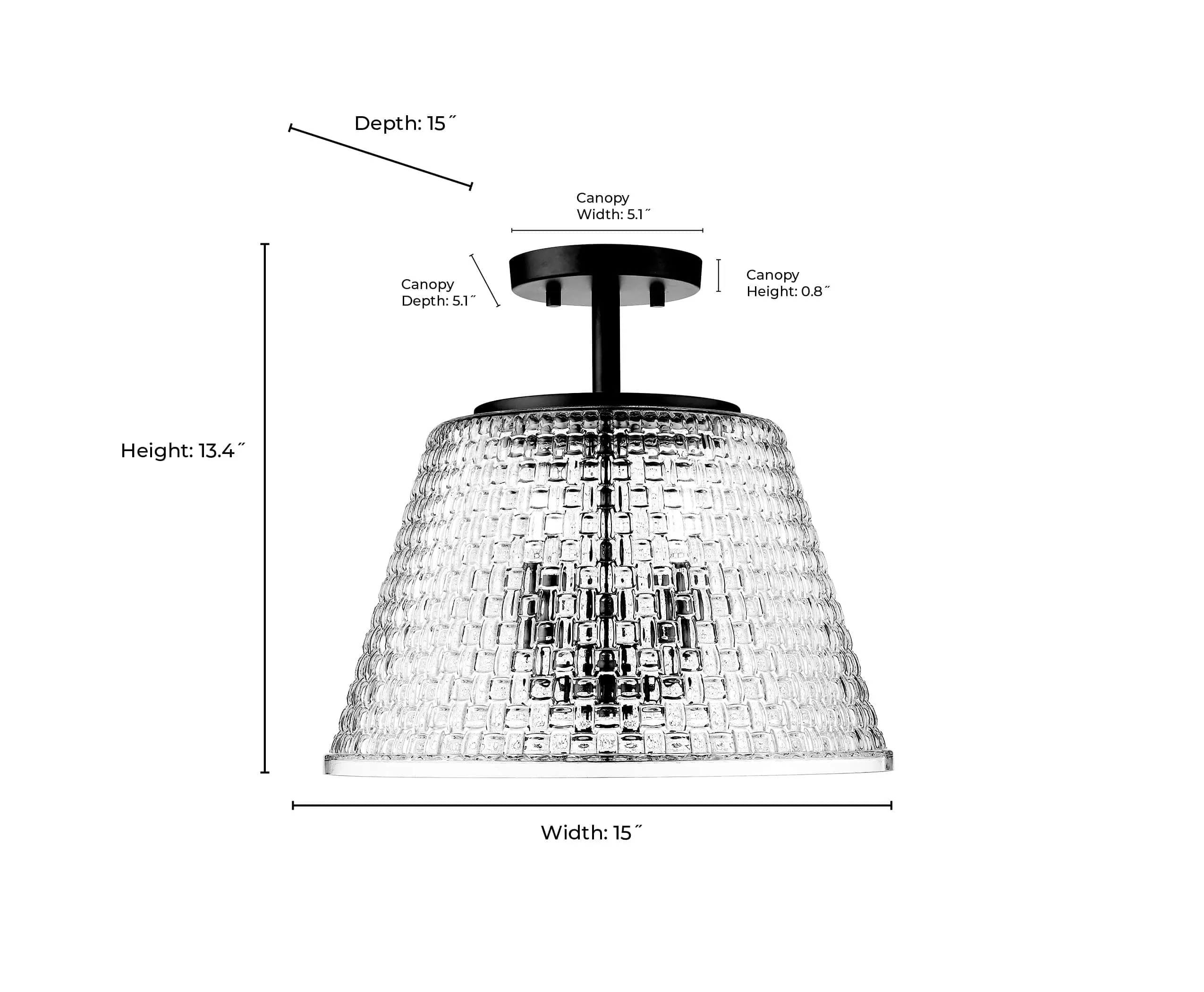 Saben Semi-Flush Mount Fixture - Matte Black - Clear Woven Lattice Glass - 15in. Diameter - E12 Candelabra Base