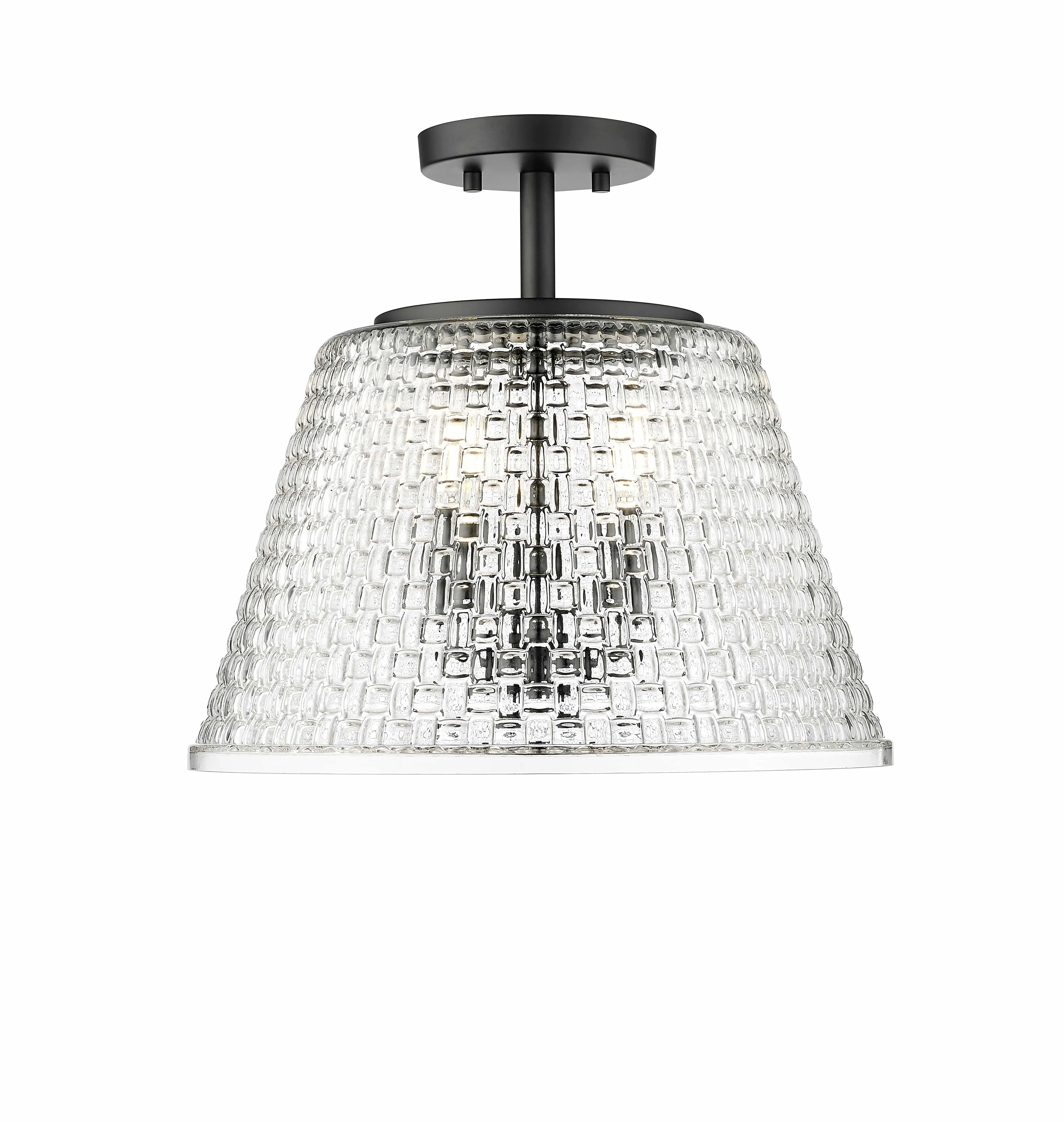 Saben Semi-Flush Mount Fixture - Matte Black - Clear Woven Lattice Glass - 15in. Diameter - E12 Candelabra Base