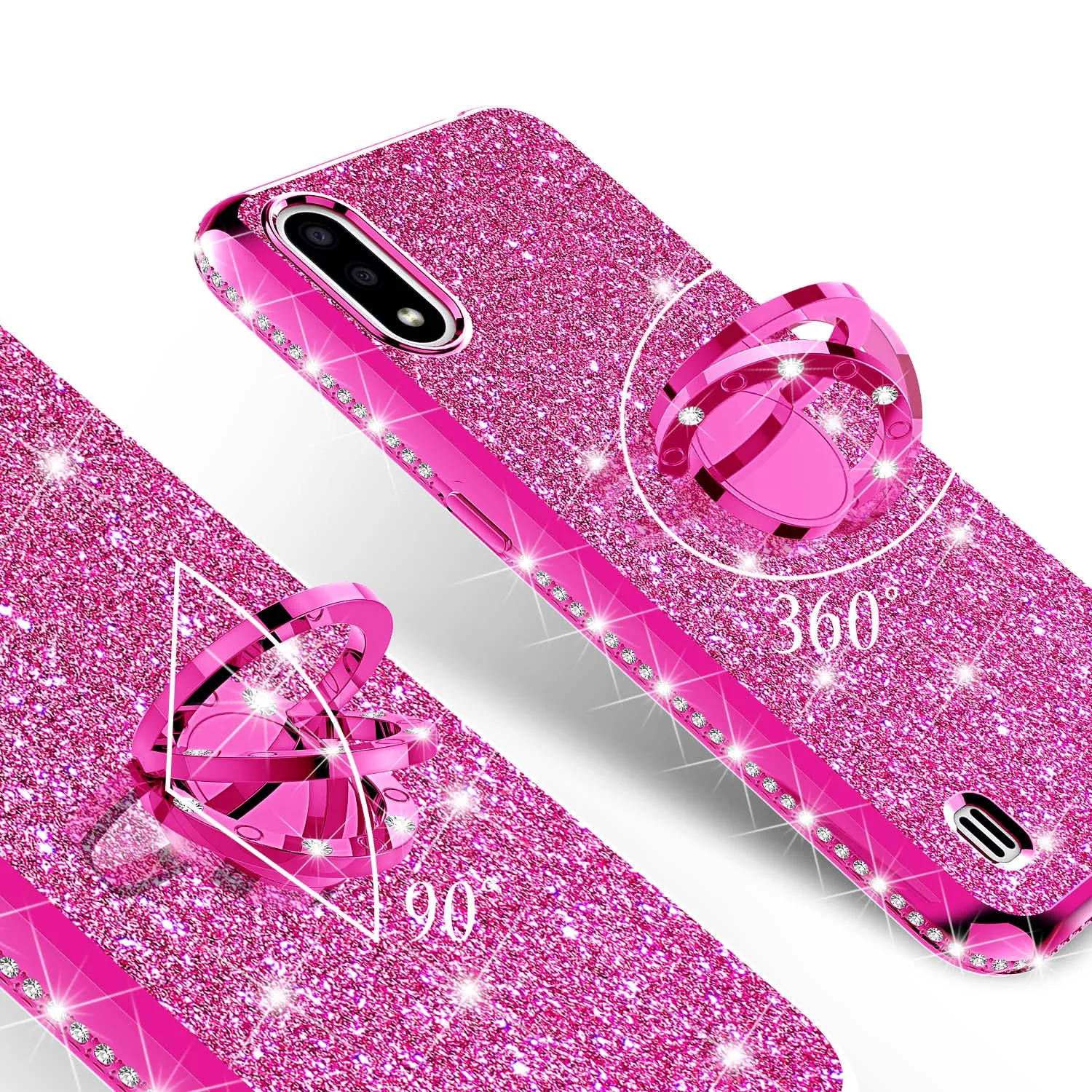 Samsung Galaxy A01 Case, Glitter Cute Phone Case Girls with Kickstand,Bling Diamond Rhinestone Bumper Ring Stand Sparkly Luxury Clear Thin Soft Protective Samsung Galaxy A01 Case for Girl Women - Hot Pink