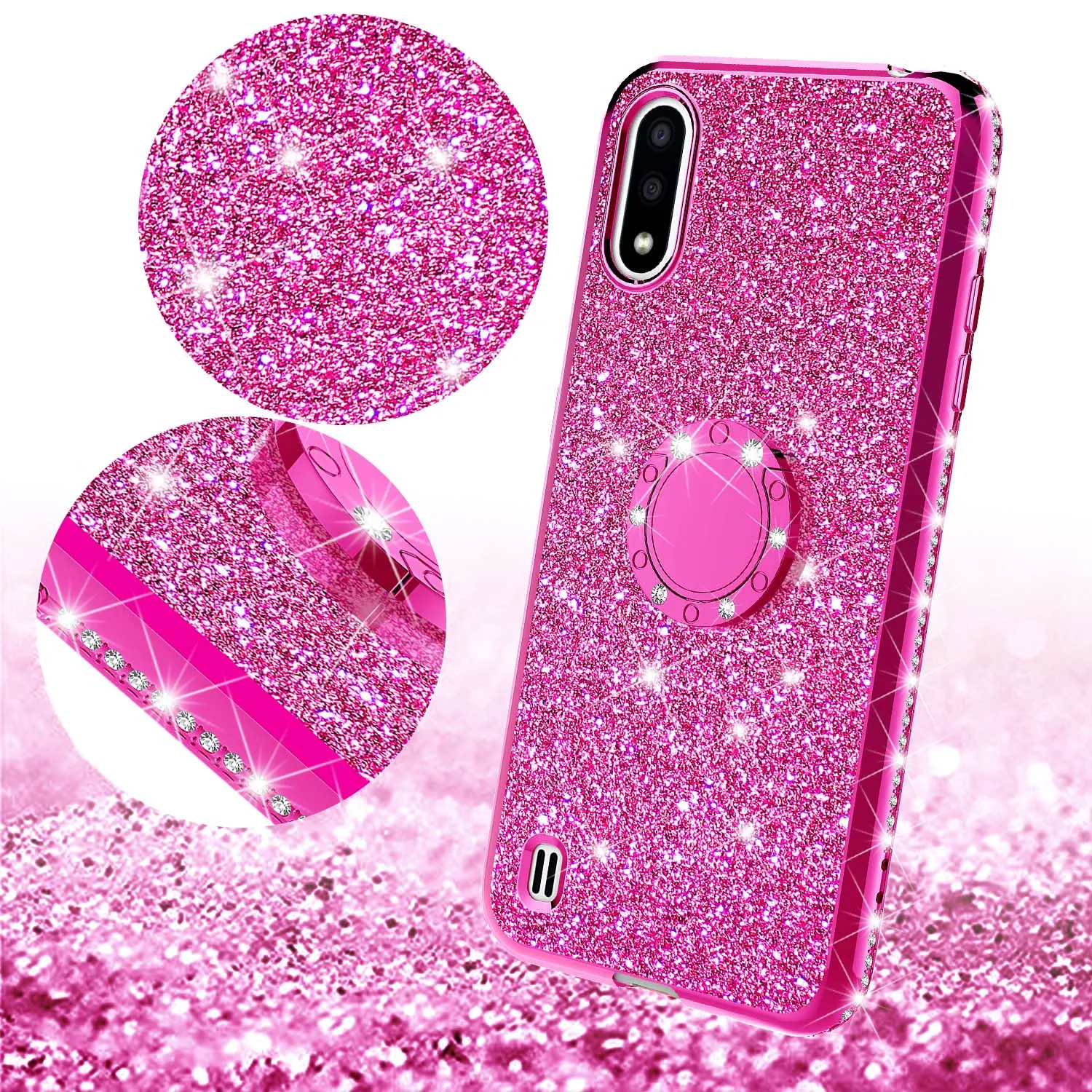 Samsung Galaxy A01 Case, Glitter Cute Phone Case Girls with Kickstand,Bling Diamond Rhinestone Bumper Ring Stand Sparkly Luxury Clear Thin Soft Protective Samsung Galaxy A01 Case for Girl Women - Hot Pink