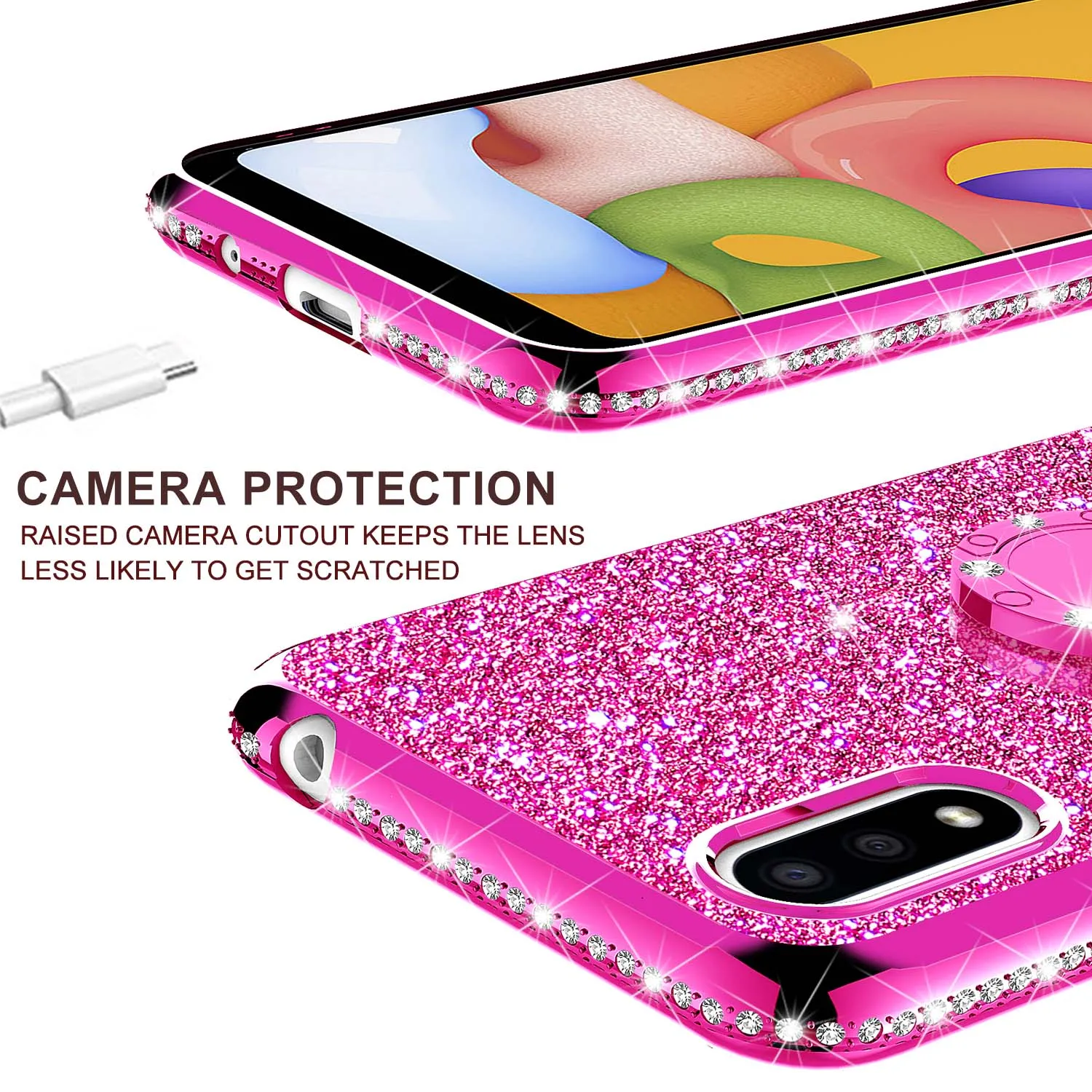 Samsung Galaxy A01 Case, Glitter Cute Phone Case Girls with Kickstand,Bling Diamond Rhinestone Bumper Ring Stand Sparkly Luxury Clear Thin Soft Protective Samsung Galaxy A01 Case for Girl Women - Hot Pink