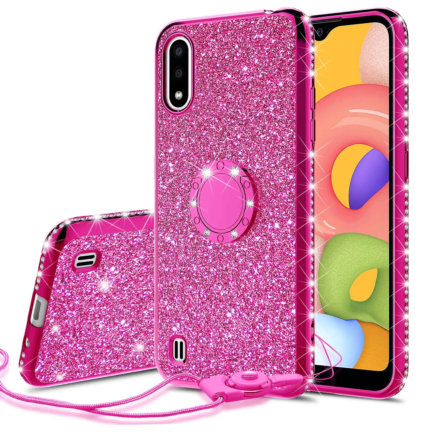 Samsung Galaxy A01 Case, Glitter Cute Phone Case Girls with Kickstand,Bling Diamond Rhinestone Bumper Ring Stand Sparkly Luxury Clear Thin Soft Protective Samsung Galaxy A01 Case for Girl Women - Hot Pink