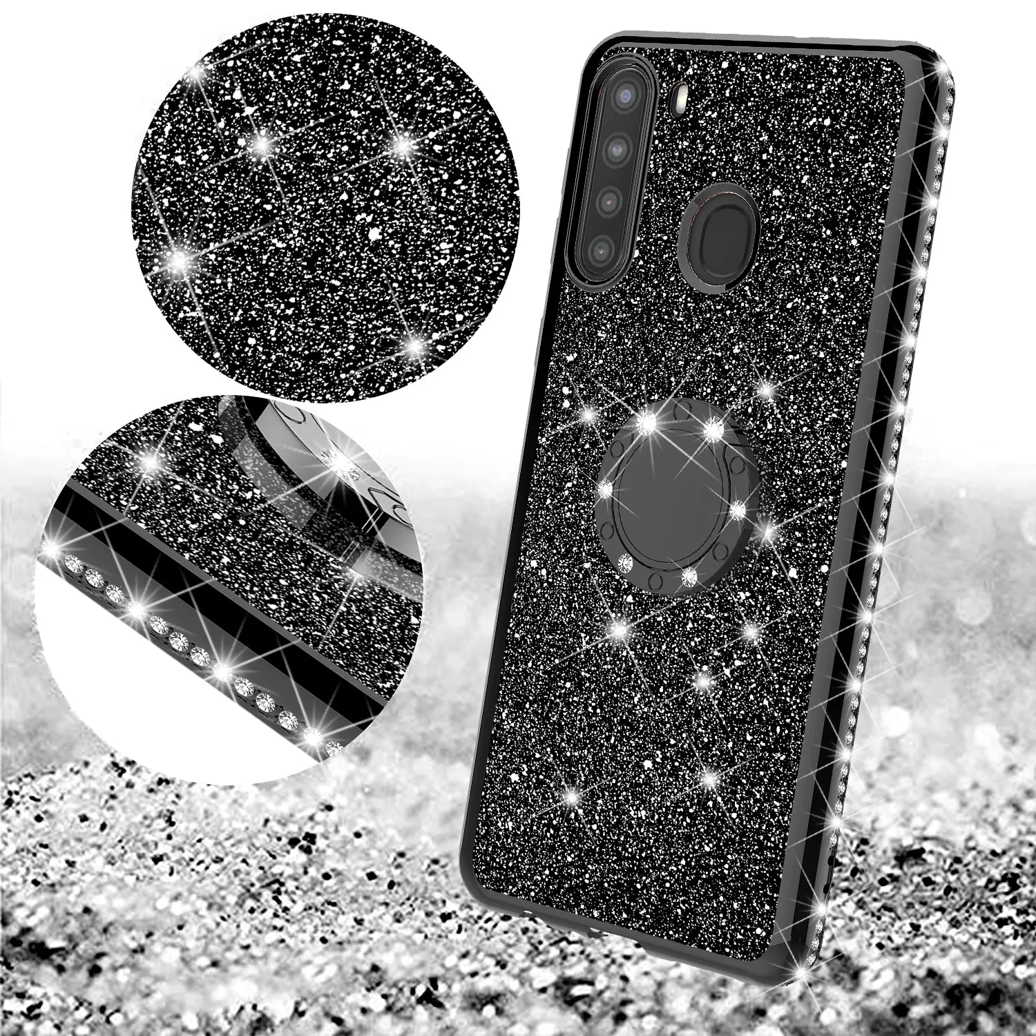 Samsung Galaxy A11 Case, Glitter Cute Phone Case Girls with Kickstand,Bling Diamond Rhinestone Bumper Ring Stand Sparkly Luxury Clear Thin Soft Protective Samsung Galaxy A11 Case for Girl Women - Black