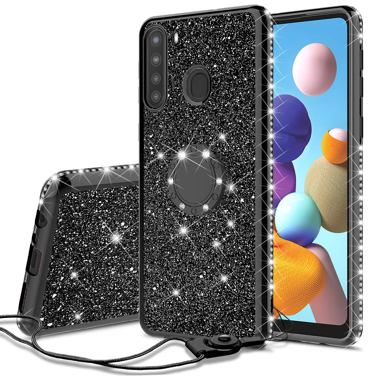 Samsung Galaxy A11 Case, Glitter Cute Phone Case Girls with Kickstand,Bling Diamond Rhinestone Bumper Ring Stand Sparkly Luxury Clear Thin Soft Protective Samsung Galaxy A11 Case for Girl Women - Black