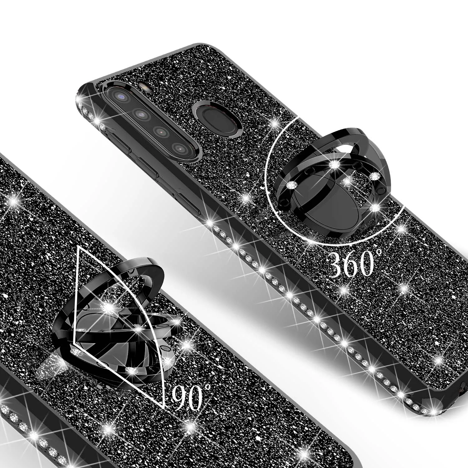 Samsung Galaxy A11 Case, Glitter Cute Phone Case Girls with Kickstand,Bling Diamond Rhinestone Bumper Ring Stand Sparkly Luxury Clear Thin Soft Protective Samsung Galaxy A11 Case for Girl Women - Black