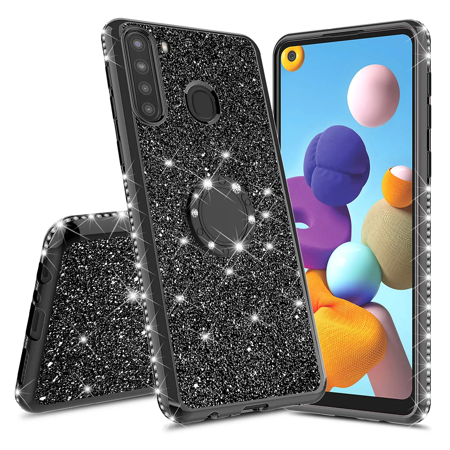 Samsung Galaxy A11 Case, Glitter Cute Phone Case Girls with Kickstand,Bling Diamond Rhinestone Bumper Ring Stand Sparkly Luxury Clear Thin Soft Protective Samsung Galaxy A11 Case for Girl Women - Black