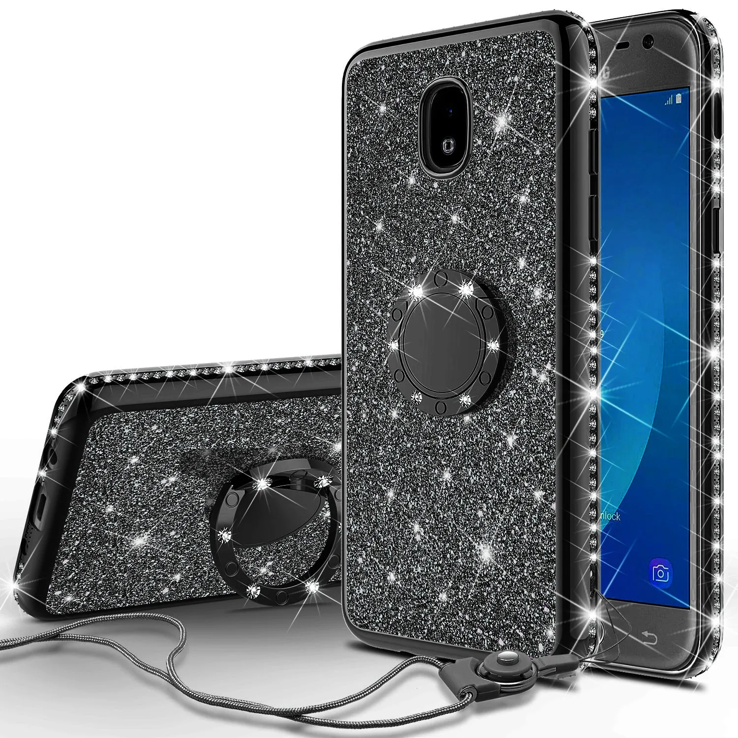 Samsung Galaxy J3 2018/Express Prime 3/Amp Prime 3/J3 Achieve/J3 Star/J3 Top/J3 Achieve/J3 Orbit/J3 V 3rd Gen/J3 Aura/Sol 3 Glitter Cute Phone Case Girls with Kickstand, Bling Diamond Rhinestone Ring Stand Luxury Thin Soft Cover for Women - Black