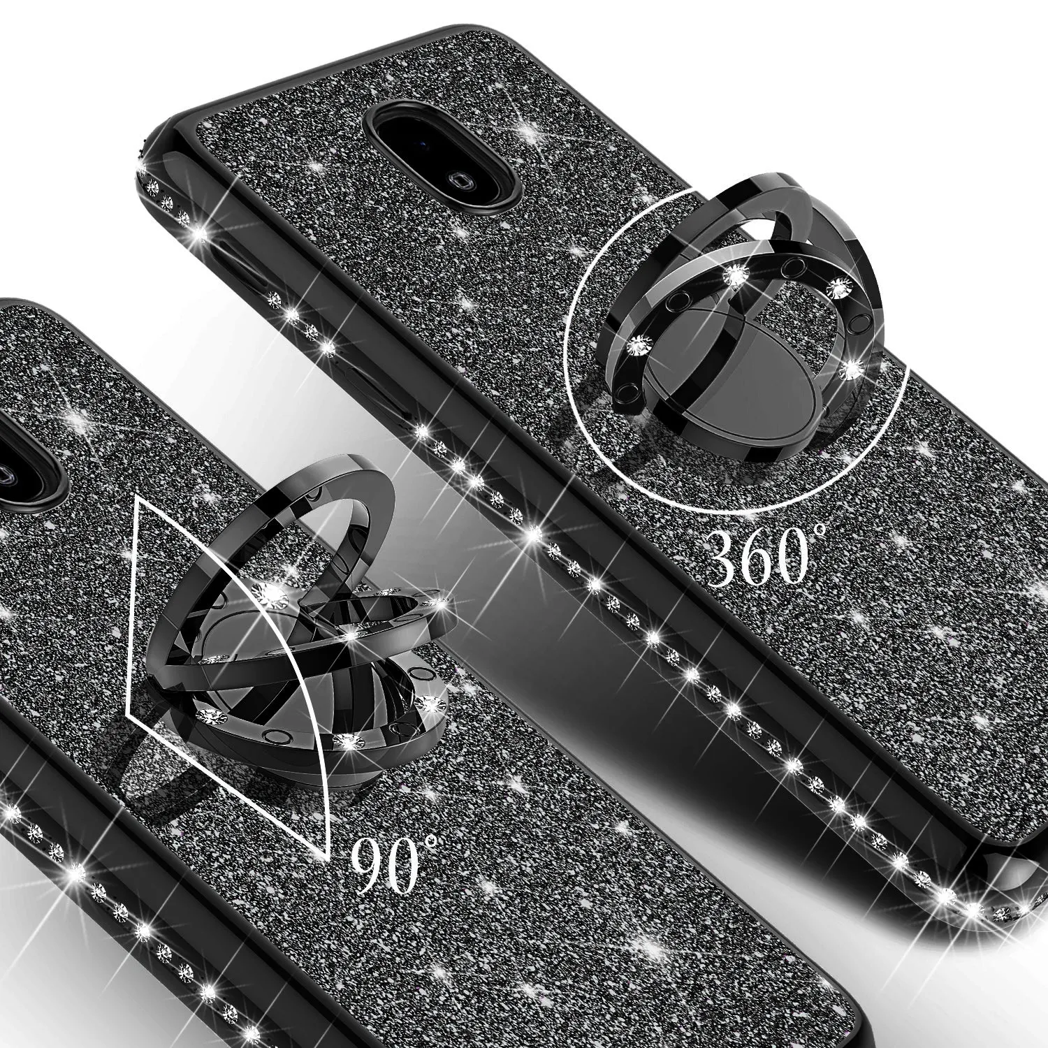 Samsung Galaxy J3 2018/Express Prime 3/Amp Prime 3/J3 Achieve/J3 Star/J3 Top/J3 Achieve/J3 Orbit/J3 V 3rd Gen/J3 Aura/Sol 3 Glitter Cute Phone Case Girls with Kickstand, Bling Diamond Rhinestone Ring Stand Luxury Thin Soft Cover for Women - Black