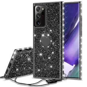 Samsung Galaxy Note 20 Ultra Case, Glitter Cute Phone Case Girls with Kickstand,Bling Diamond Rhinestone Bumper Ring Stand Sparkly Luxury Clear Thin Soft Protective Samsung Galaxy Note 20 Ultra Case for Girl Women - Black