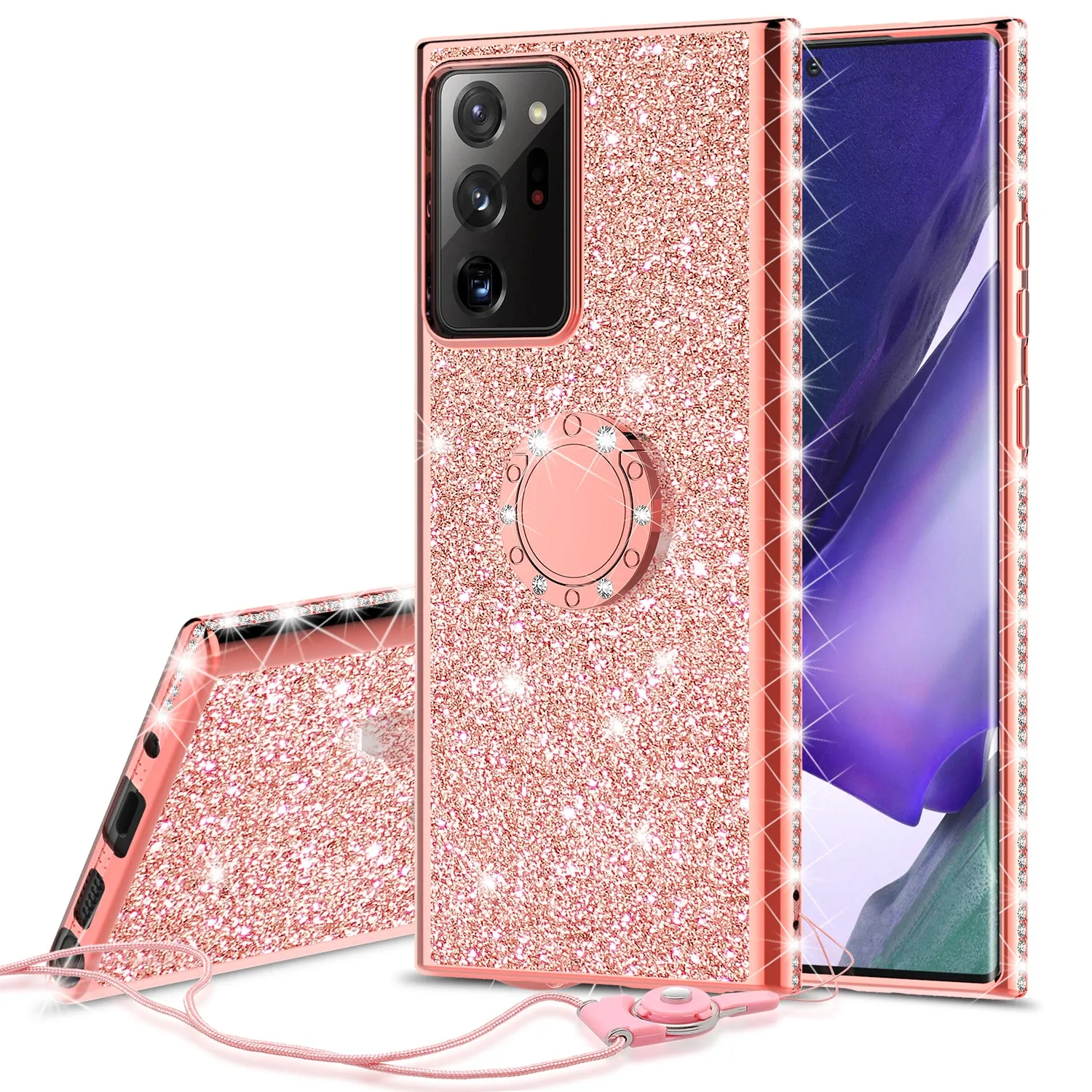 Samsung Galaxy Note 20 Ultra Case, Glitter Cute Phone Case Girls with Kickstand,Bling Diamond Rhinestone Bumper Ring Stand Sparkly Luxury Clear Thin Soft Protective Samsung Galaxy Note 20 Ultra Case for Girl Women - Rose Gold