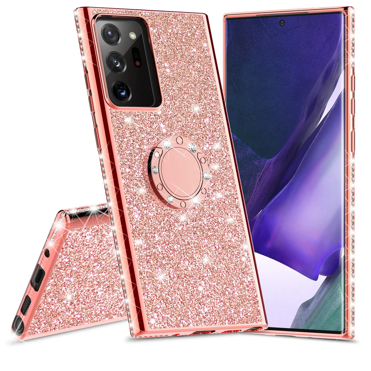 Samsung Galaxy Note 20 Ultra Case, Glitter Cute Phone Case Girls with Kickstand,Bling Diamond Rhinestone Bumper Ring Stand Sparkly Luxury Clear Thin Soft Protective Samsung Galaxy Note 20 Ultra Case for Girl Women - Rose Gold