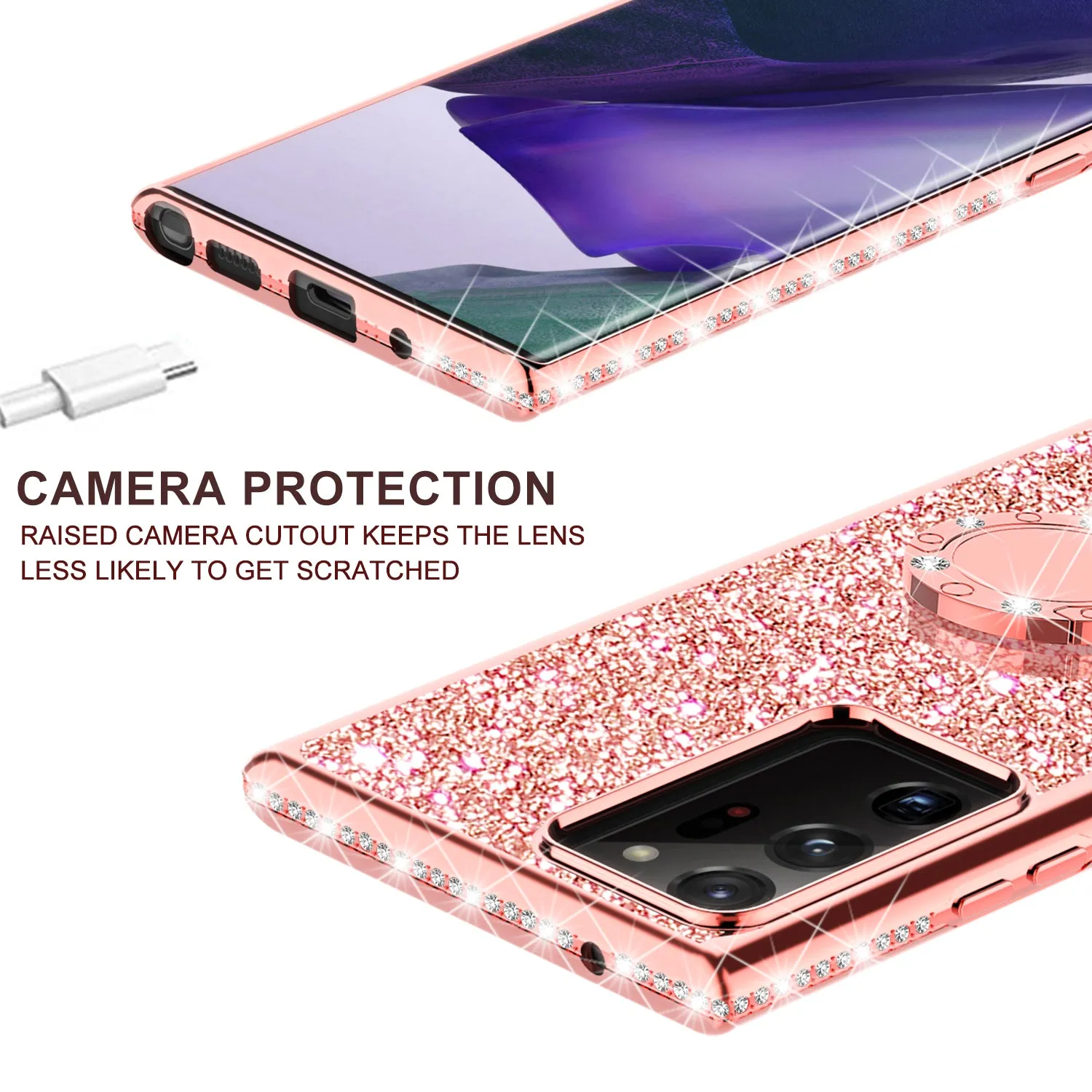 Samsung Galaxy Note 20 Ultra Case, Glitter Cute Phone Case Girls with Kickstand,Bling Diamond Rhinestone Bumper Ring Stand Sparkly Luxury Clear Thin Soft Protective Samsung Galaxy Note 20 Ultra Case for Girl Women - Rose Gold