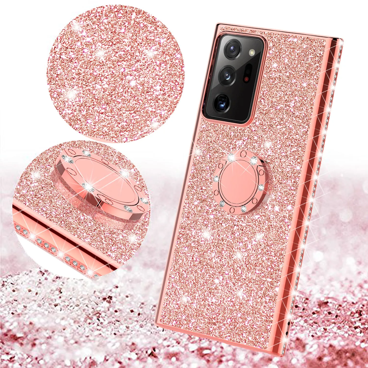 Samsung Galaxy Note 20 Ultra Case, Glitter Cute Phone Case Girls with Kickstand,Bling Diamond Rhinestone Bumper Ring Stand Sparkly Luxury Clear Thin Soft Protective Samsung Galaxy Note 20 Ultra Case for Girl Women - Rose Gold