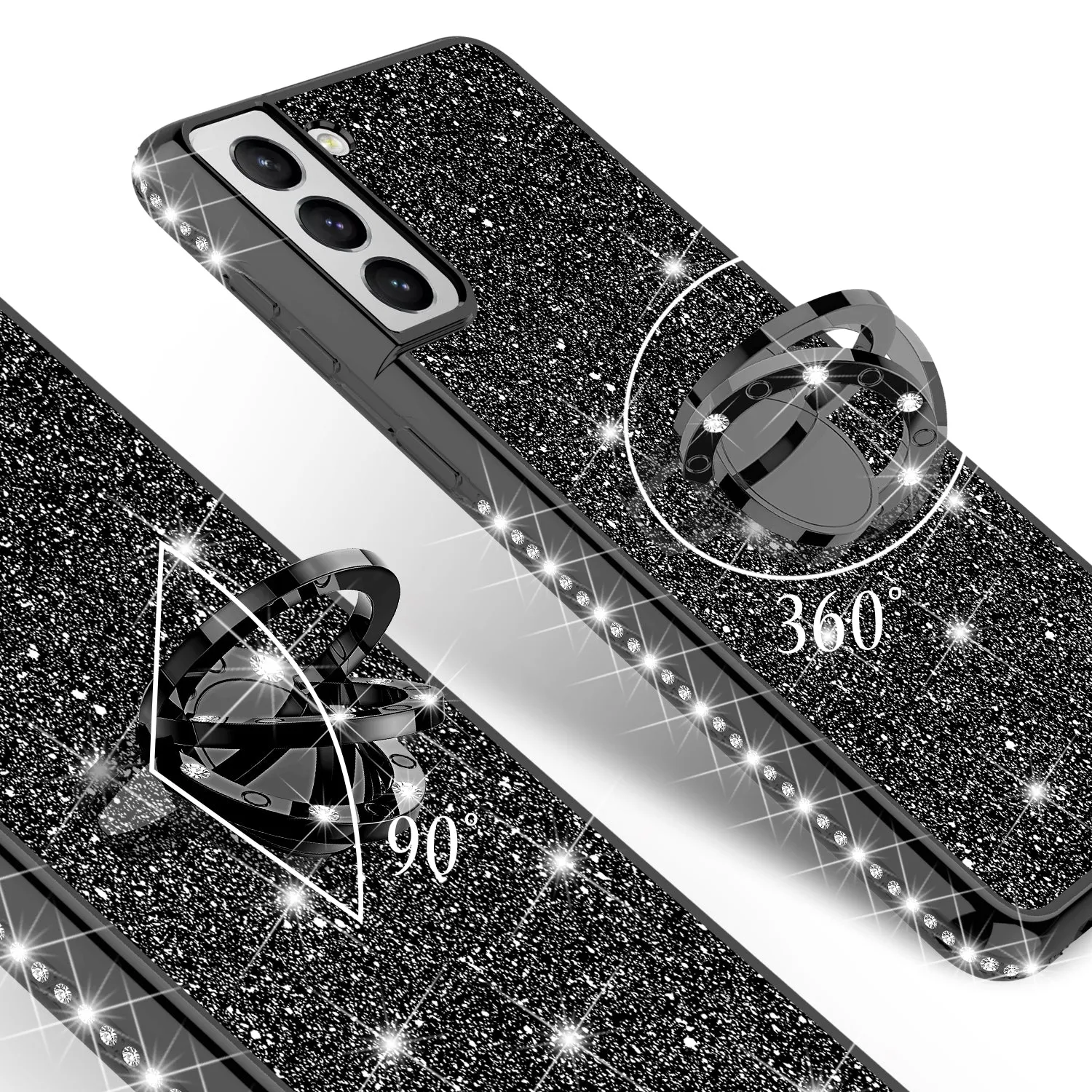 Samsung Galaxy S21  /Galaxy S21 Plus Case, Glitter Cute Phone Case Girls with Kickstand,Bling Diamond Rhinestone Bumper Ring Stand Sparkly Luxury Clear Thin Soft Protective Samsung Galaxy S21  /Galaxy S21 Plus Case for Girl Women - Black