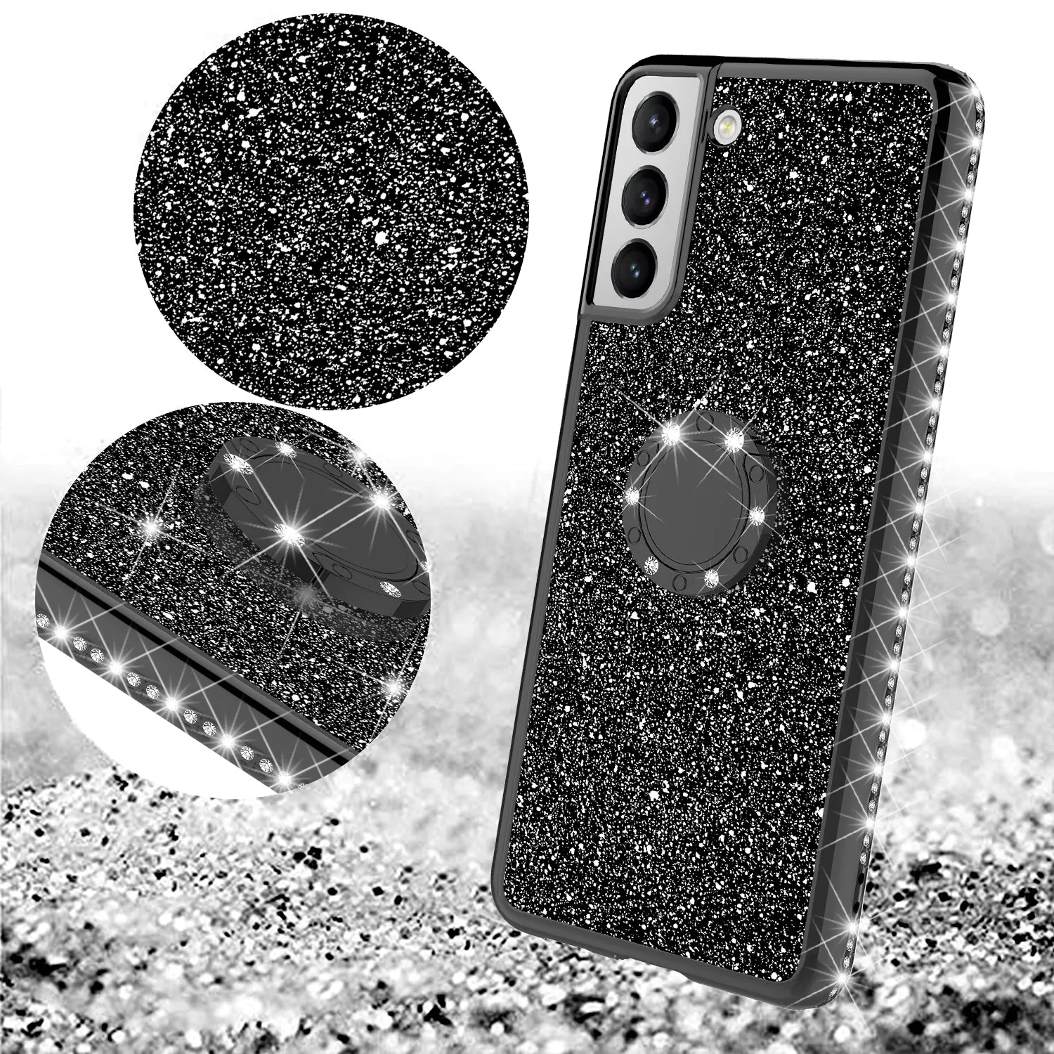 Samsung Galaxy S21  /Galaxy S21 Plus Case, Glitter Cute Phone Case Girls with Kickstand,Bling Diamond Rhinestone Bumper Ring Stand Sparkly Luxury Clear Thin Soft Protective Samsung Galaxy S21  /Galaxy S21 Plus Case for Girl Women - Black