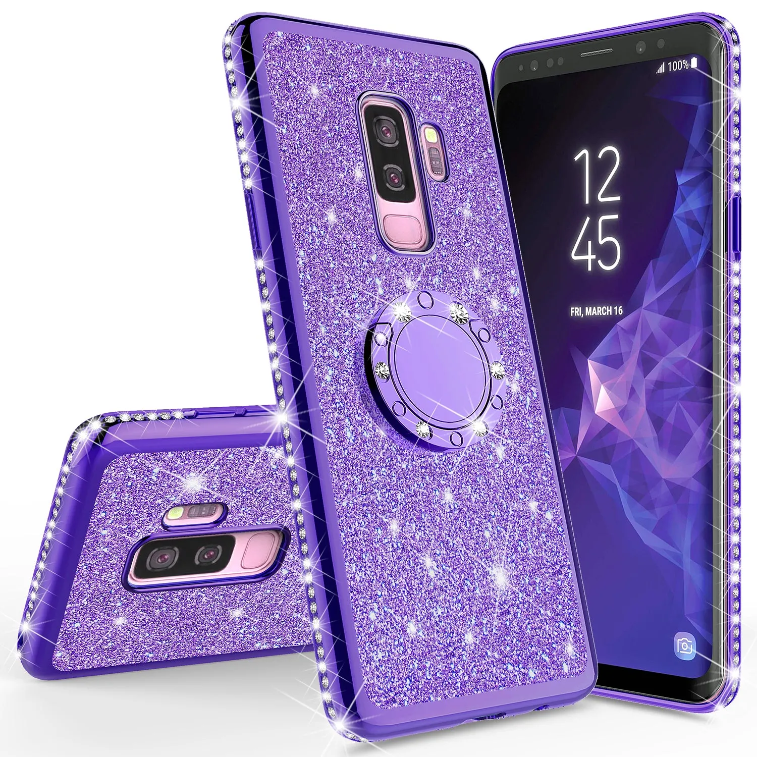 Samsung Galaxy S9 Case, SM-G960U Case, Glitter Cute Phone Case Girls with Kickstand,Bling Diamond Rhinestone Bumper Ring Stand Sparkly Luxury Clear Thin Soft Protective Samsung Galaxy S9 Case for Girl Women - Purple