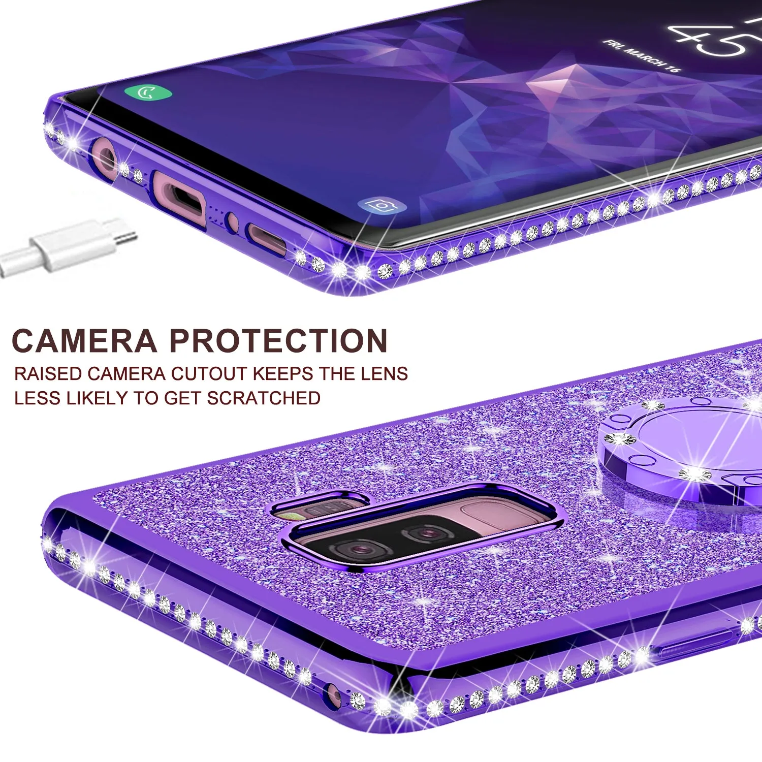 Samsung Galaxy S9 Case, SM-G960U Case, Glitter Cute Phone Case Girls with Kickstand,Bling Diamond Rhinestone Bumper Ring Stand Sparkly Luxury Clear Thin Soft Protective Samsung Galaxy S9 Case for Girl Women - Purple