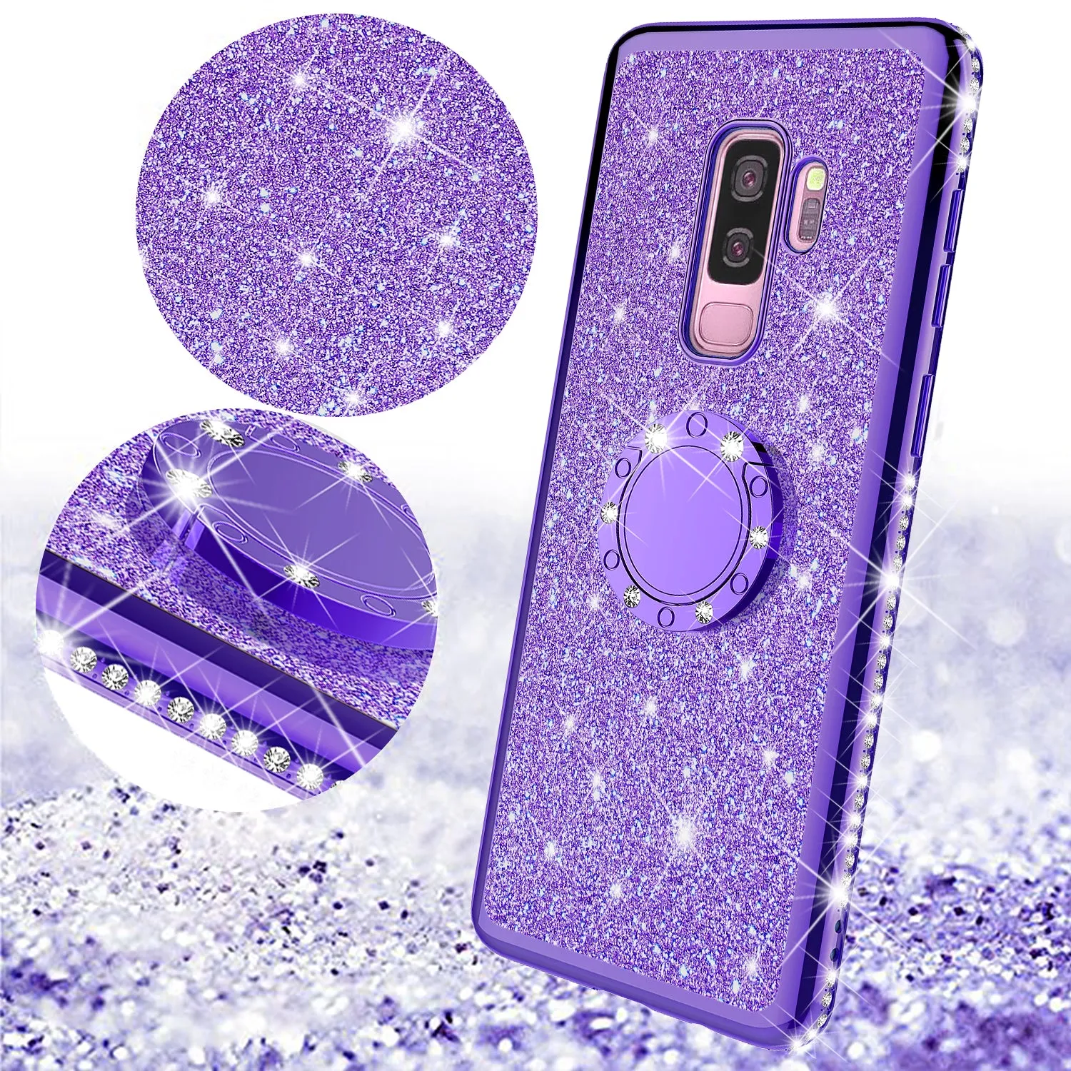 Samsung Galaxy S9 Case, SM-G960U Case, Glitter Cute Phone Case Girls with Kickstand,Bling Diamond Rhinestone Bumper Ring Stand Sparkly Luxury Clear Thin Soft Protective Samsung Galaxy S9 Case for Girl Women - Purple