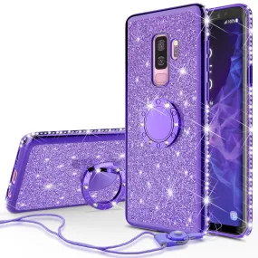 Samsung Galaxy S9 Case, SM-G960U Case, Glitter Cute Phone Case Girls with Kickstand,Bling Diamond Rhinestone Bumper Ring Stand Sparkly Luxury Clear Thin Soft Protective Samsung Galaxy S9 Case for Girl Women - Purple