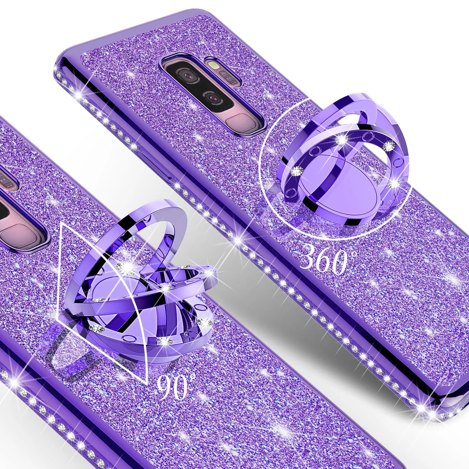 Samsung Galaxy S9 Case, SM-G960U Case, Glitter Cute Phone Case Girls with Kickstand,Bling Diamond Rhinestone Bumper Ring Stand Sparkly Luxury Clear Thin Soft Protective Samsung Galaxy S9 Case for Girl Women - Purple