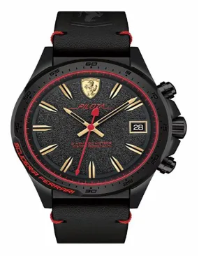 Scuderia Ferrari Pilota Watch - Black Metal - Date Window - Black Leather Strap