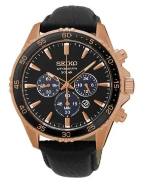 Seiko Solar Mens Chronograph - Black & Rose Gold-Tone - Black Leather Strap