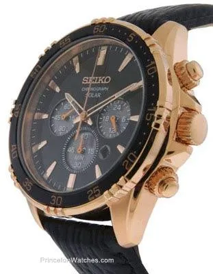 Seiko Solar Mens Chronograph - Black & Rose Gold-Tone - Black Leather Strap