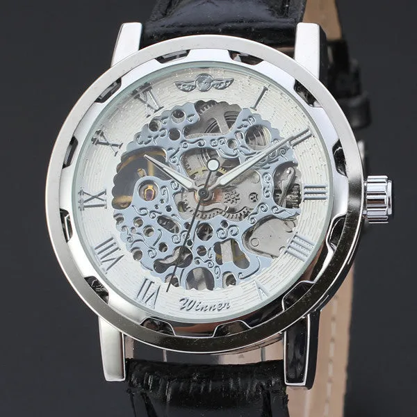 Skeleton hollow fashion mechanical hand wind men luxury male business leather strap Wrist Watch