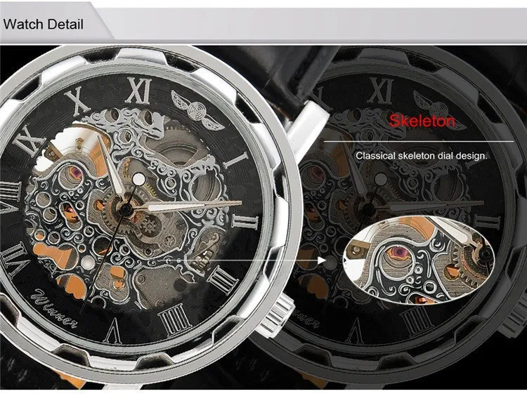 Skeleton hollow fashion mechanical hand wind men luxury male business leather strap Wrist Watch