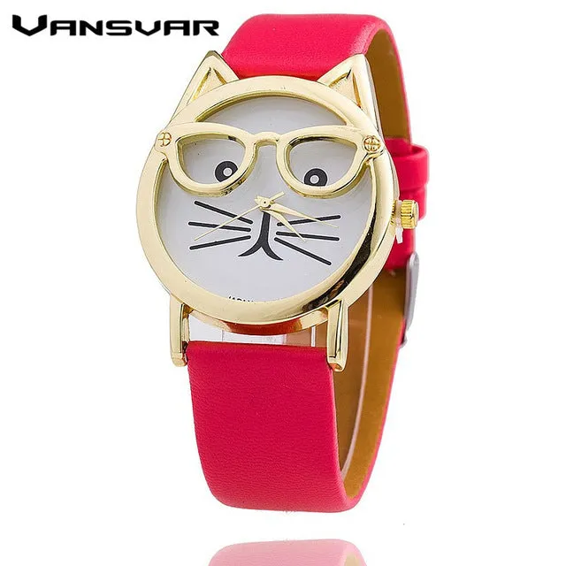 Vansvar Hot Sale Glasses Cat Watch Fashion Leather Strap Wrist Watch Women Quartz Watches Reloj Mujer Relogio Feminino 1597