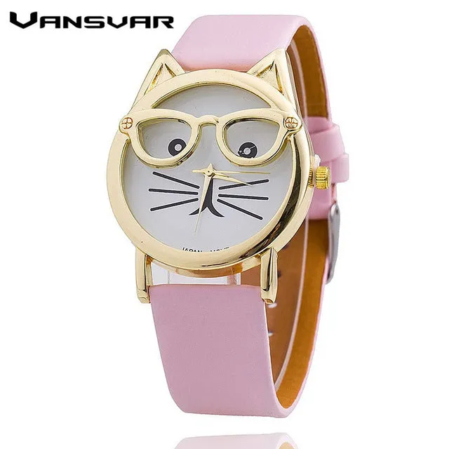 Vansvar Hot Sale Glasses Cat Watch Fashion Leather Strap Wrist Watch Women Quartz Watches Reloj Mujer Relogio Feminino 1597