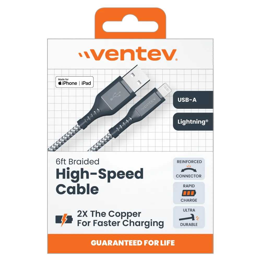 Ventev High Speed USB A to Apple Lightning Braided Cable with 2x the Copper for Faster Charging 6ft Gray by Ventev