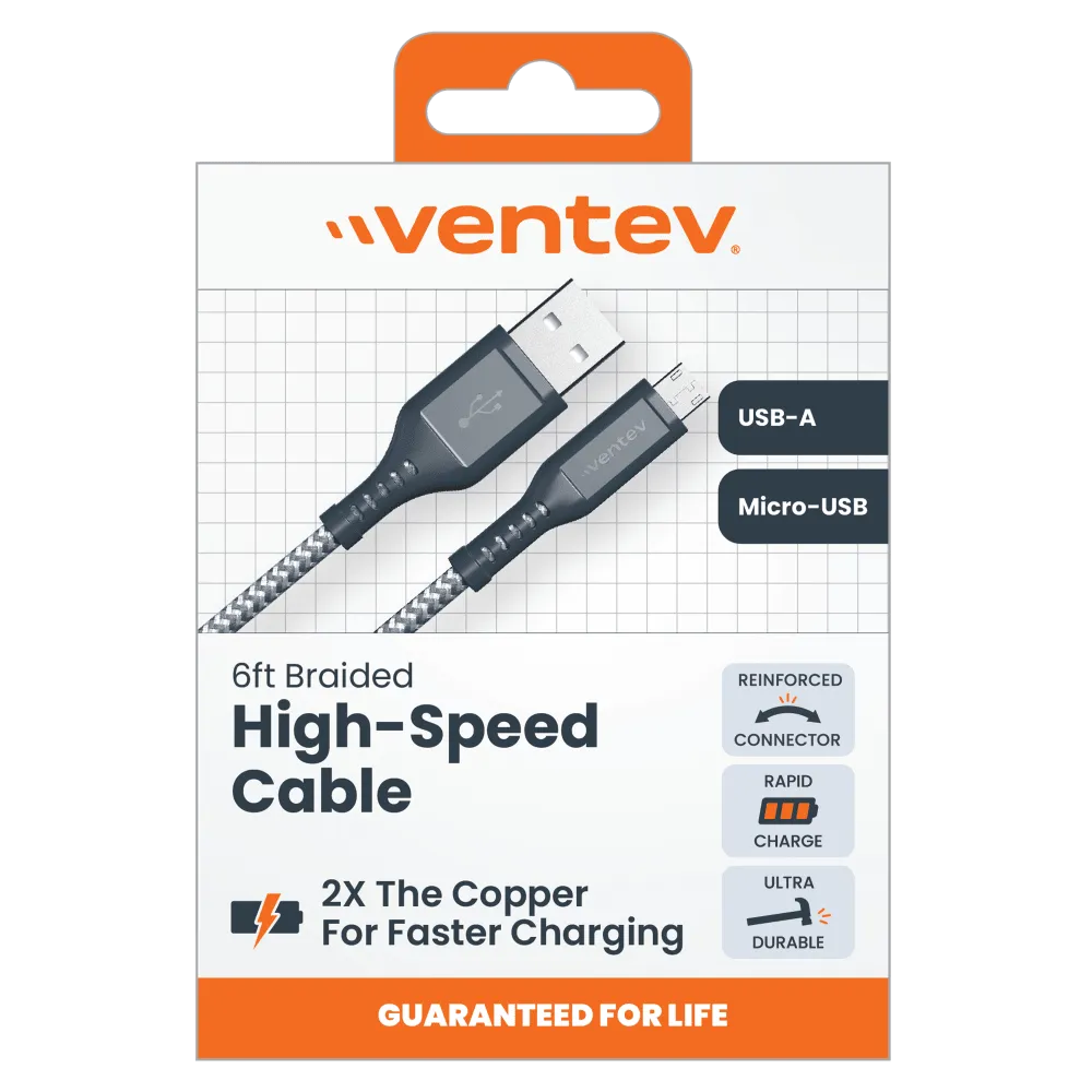 Ventev High Speed USB A to Micro USB Braided Cable with 2x the Copper for Faster Charging 6ft Gray by Ventev