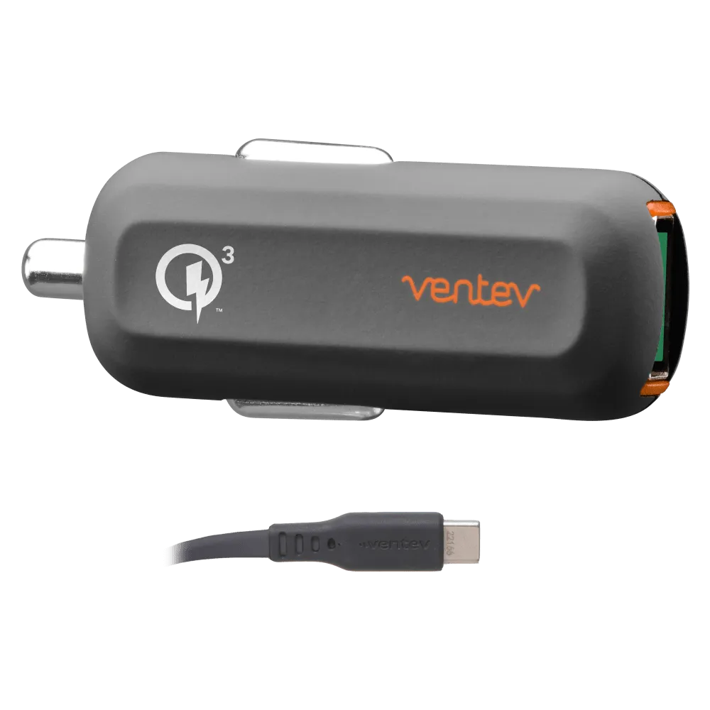 Ventev QC3.0 24W dashport rq1300 mini Car Charger and USB A to USB C Cable 3.3ft Gray by Ventev