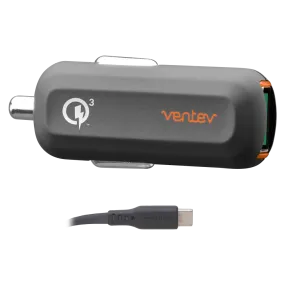 Ventev QC3.0 24W dashport rq1300 mini Car Charger and USB A to USB C Cable 3.3ft Gray by Ventev