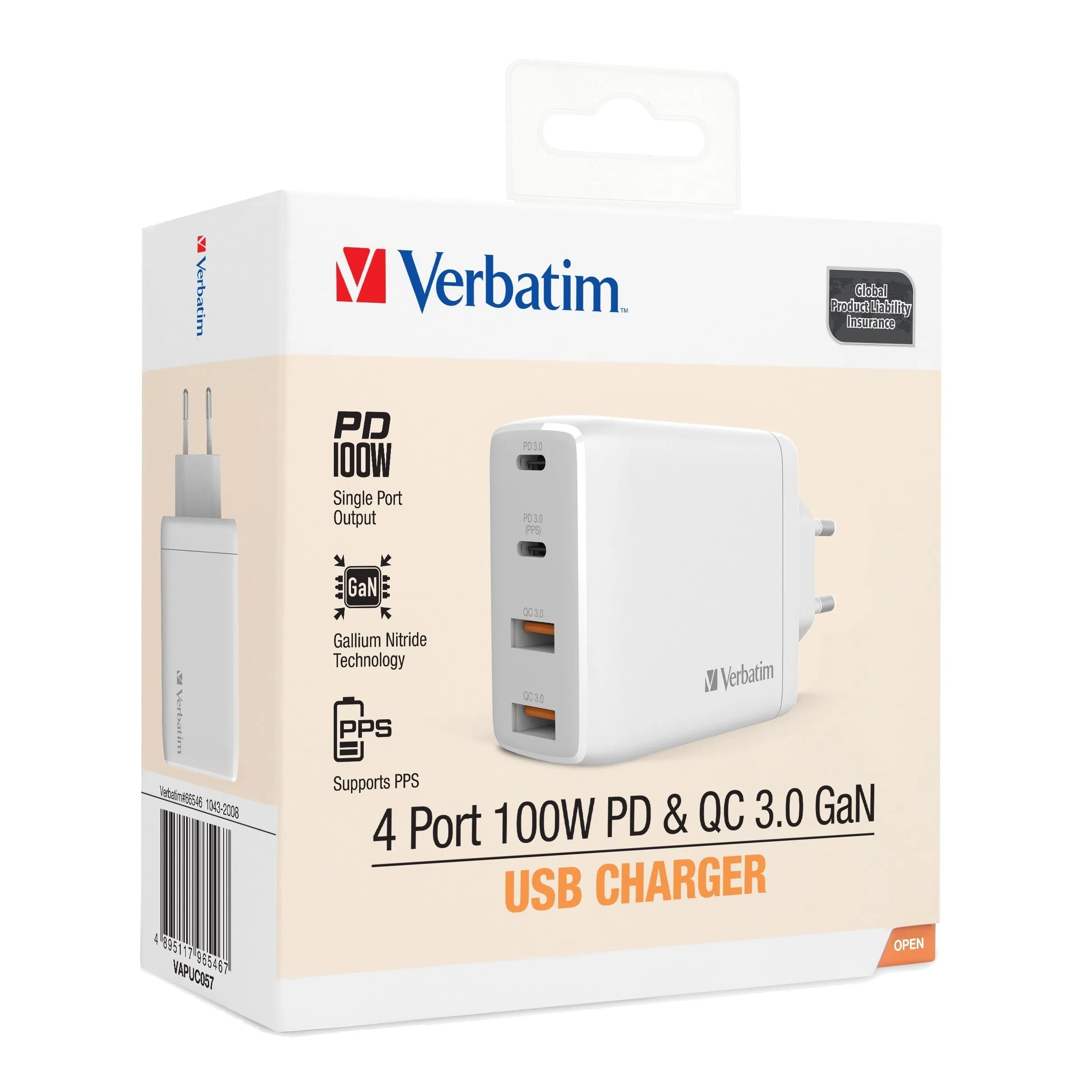 Verbatim 4 Port 100W PD 3.0 & QC 3.0 GaN USB Charger