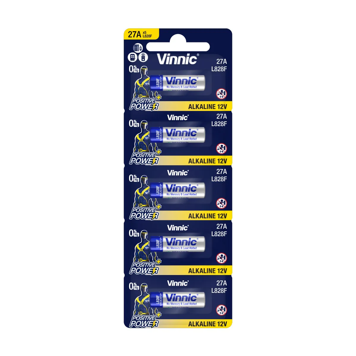 Vinnic High Voltage Alkaline Button Cell 27A / L828F (12V) - 5Count