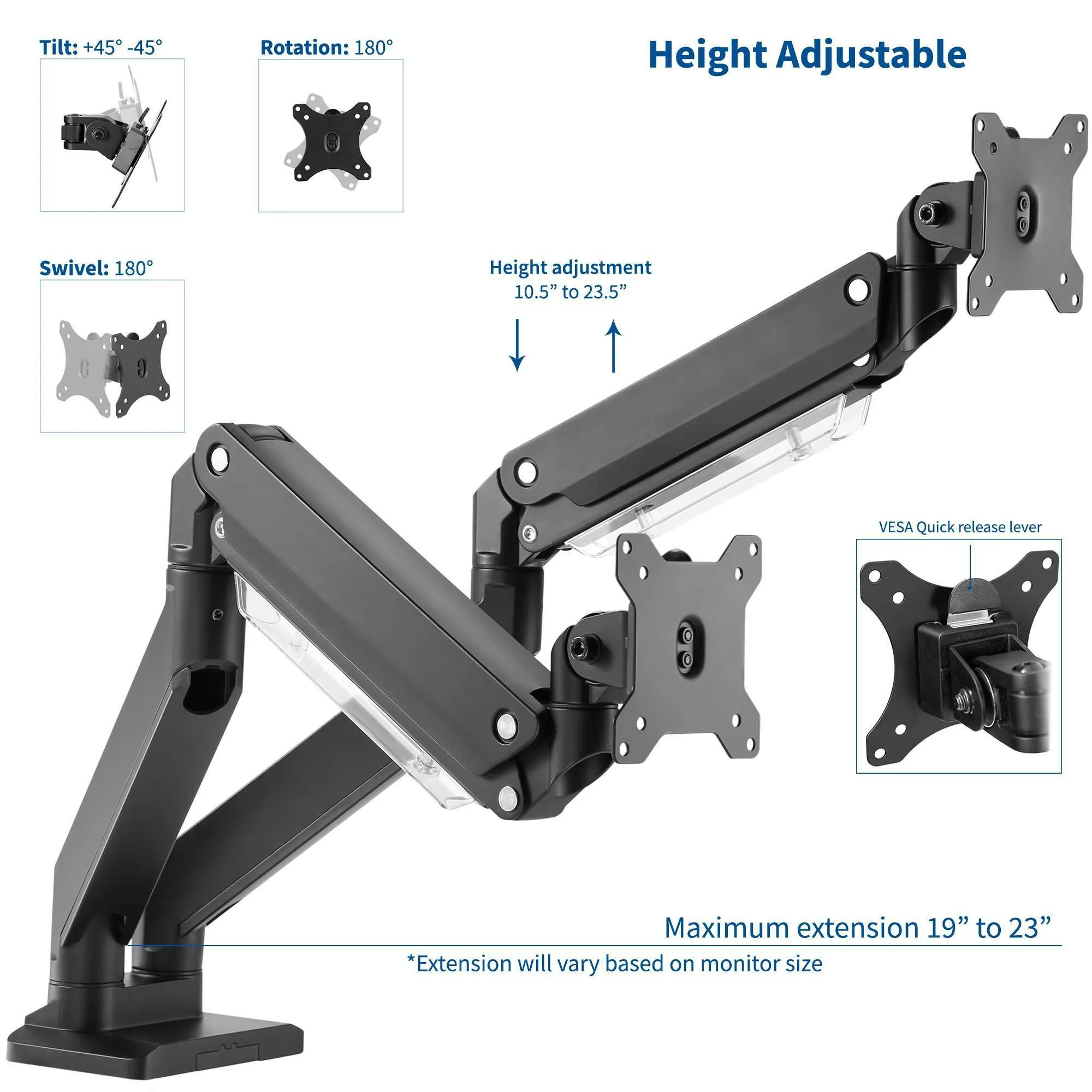 VIVO Black Pneumatic Arm Dual Monitor Desk Mount, STAND-V102G2