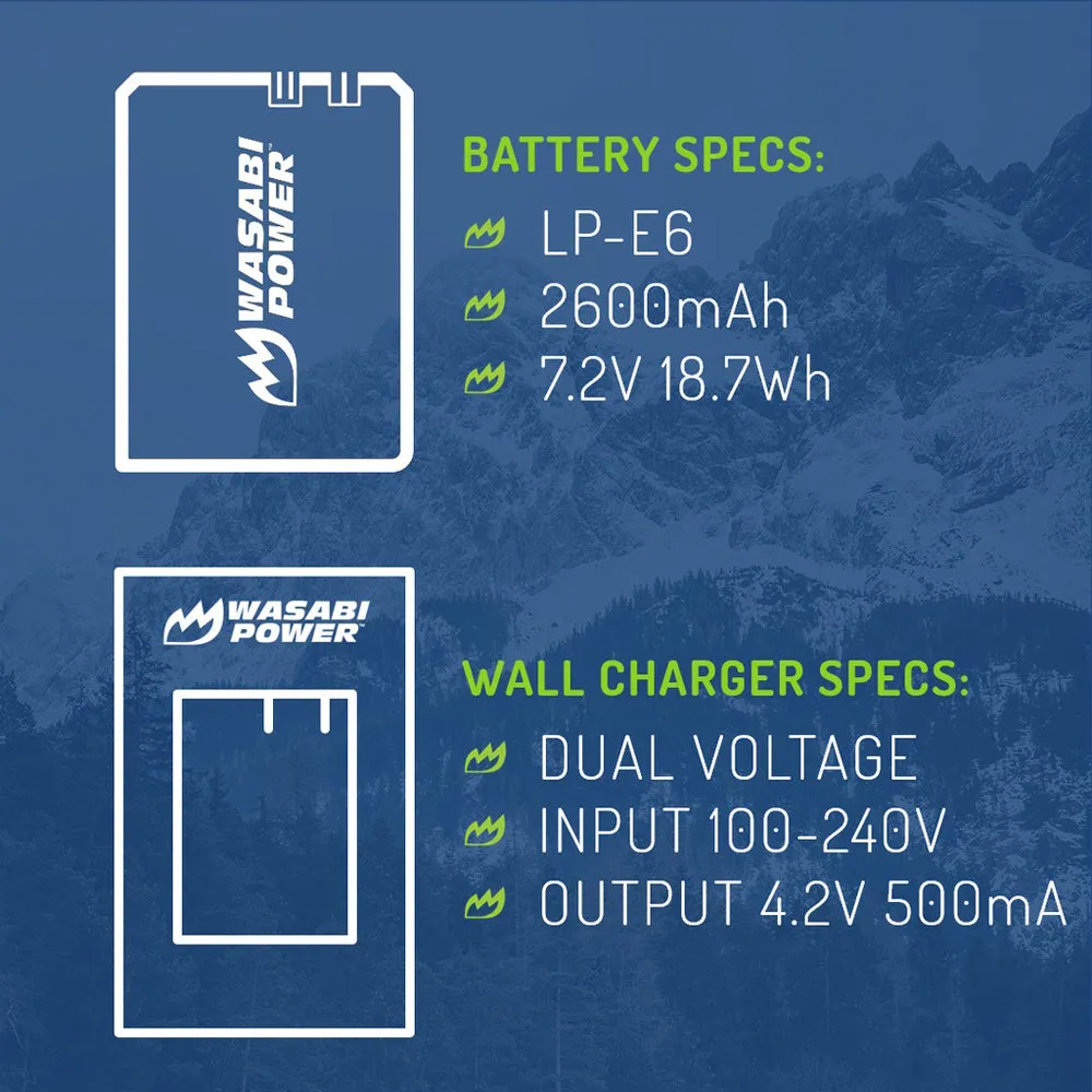 Wasabi Power (2-Pack) Canon LP-E6 LPE6 Battery and Dual Charger with USB-A to Micro USB Charging Cable for Canon EOS R R5 R5C R6 Mirrorless, 5D 6D 7D 60D 70D 80D 90D DSLR Camera, XC15 XC10 Camcorder