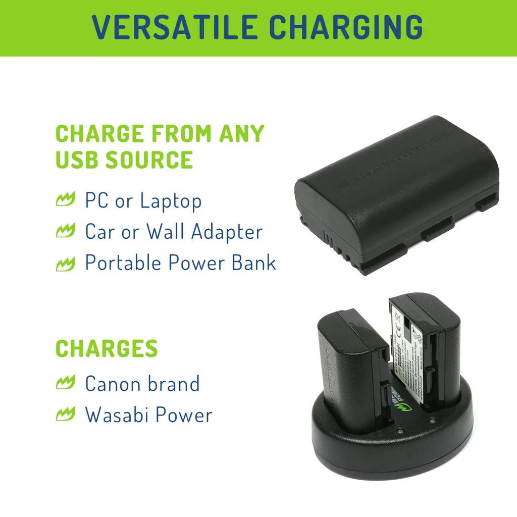 Wasabi Power (2-Pack) Canon LP-E6 LPE6 Battery and Dual Charger with USB-A to Micro USB Charging Cable for Canon EOS R R5 R5C R6 Mirrorless, 5D 6D 7D 60D 70D 80D 90D DSLR Camera, XC15 XC10 Camcorder